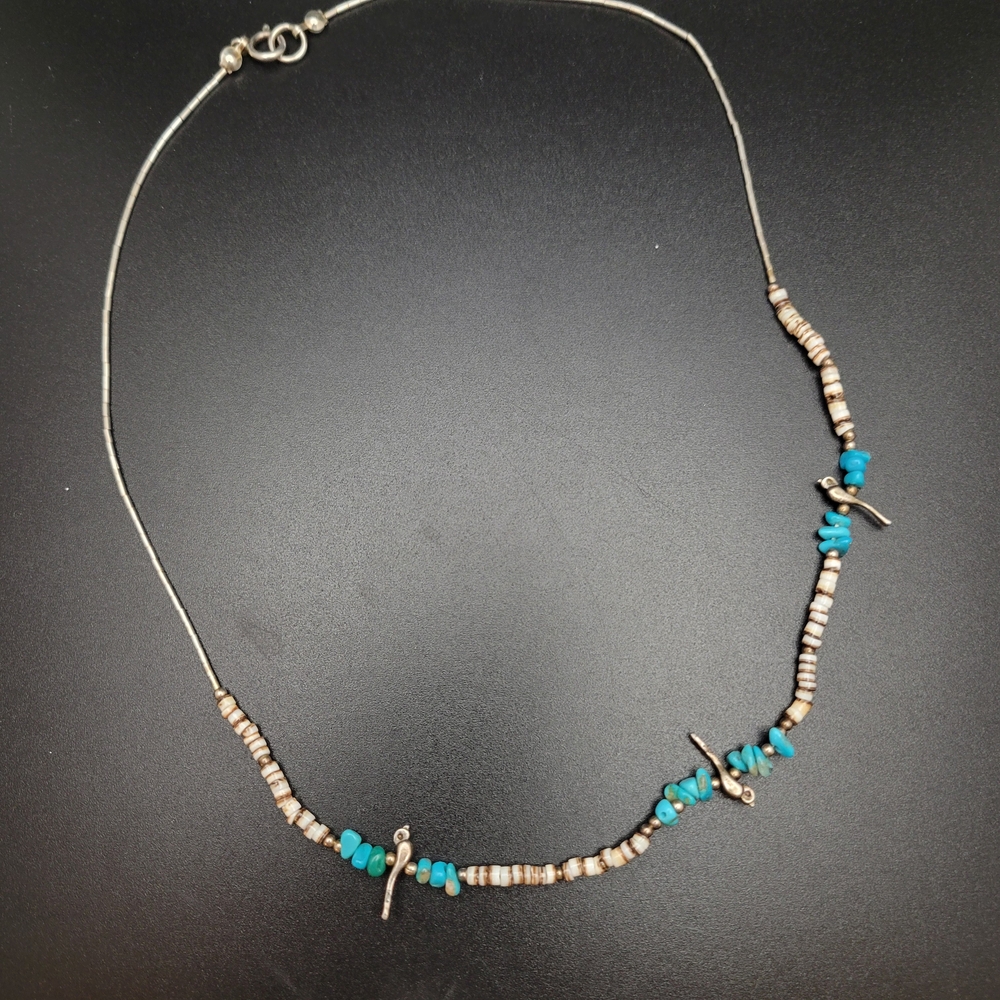 Faux Turquoise Heishi Shells Beaded Sterling Silver Necklace 17"